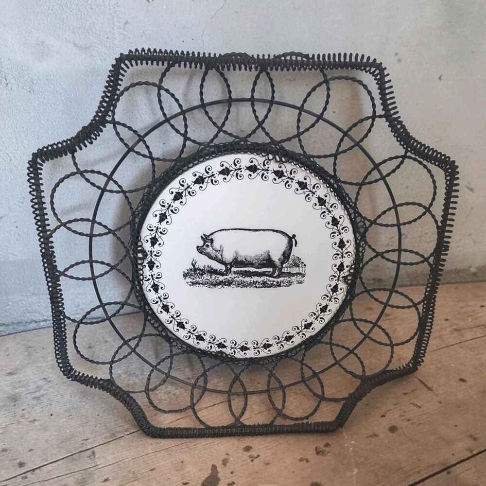 Wire & Ceramic Pig Hanging Wall Art Kitchen Farmhouse Country Rustic Cottage